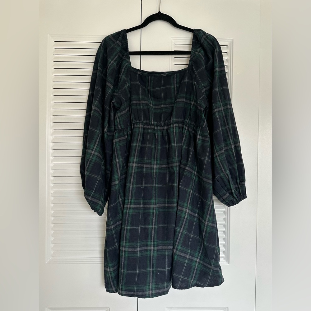 Maternity Plaid Print Square Neck Lantern Sleeve Dress